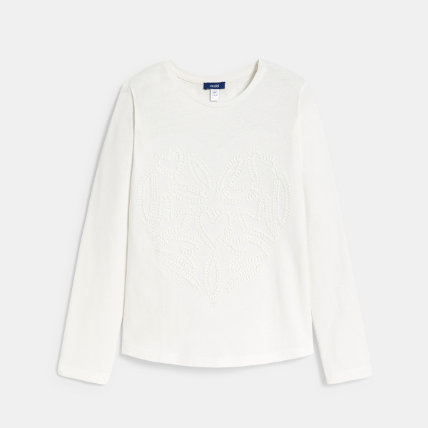 تيشيرت بأكمام طويلة مطرز باللون الأبيض للفتيات